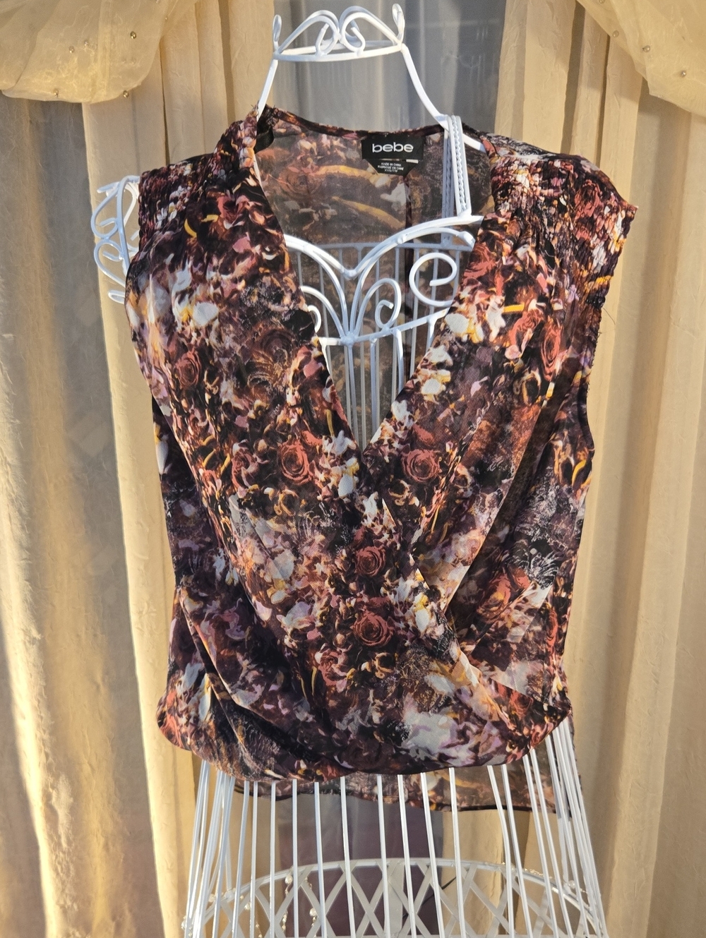 bebe Sheer Floral Surplice Blouse in Burgundy and Cream, XXS.